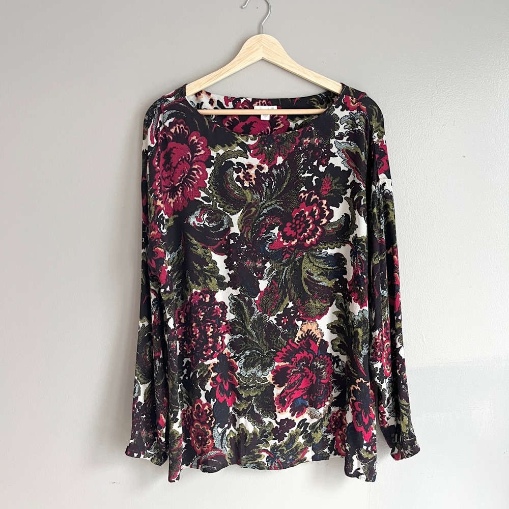 J. Jill Boat Neck Blouse Top Floral Paisley Rayon Pink Green Long Sleeve Large